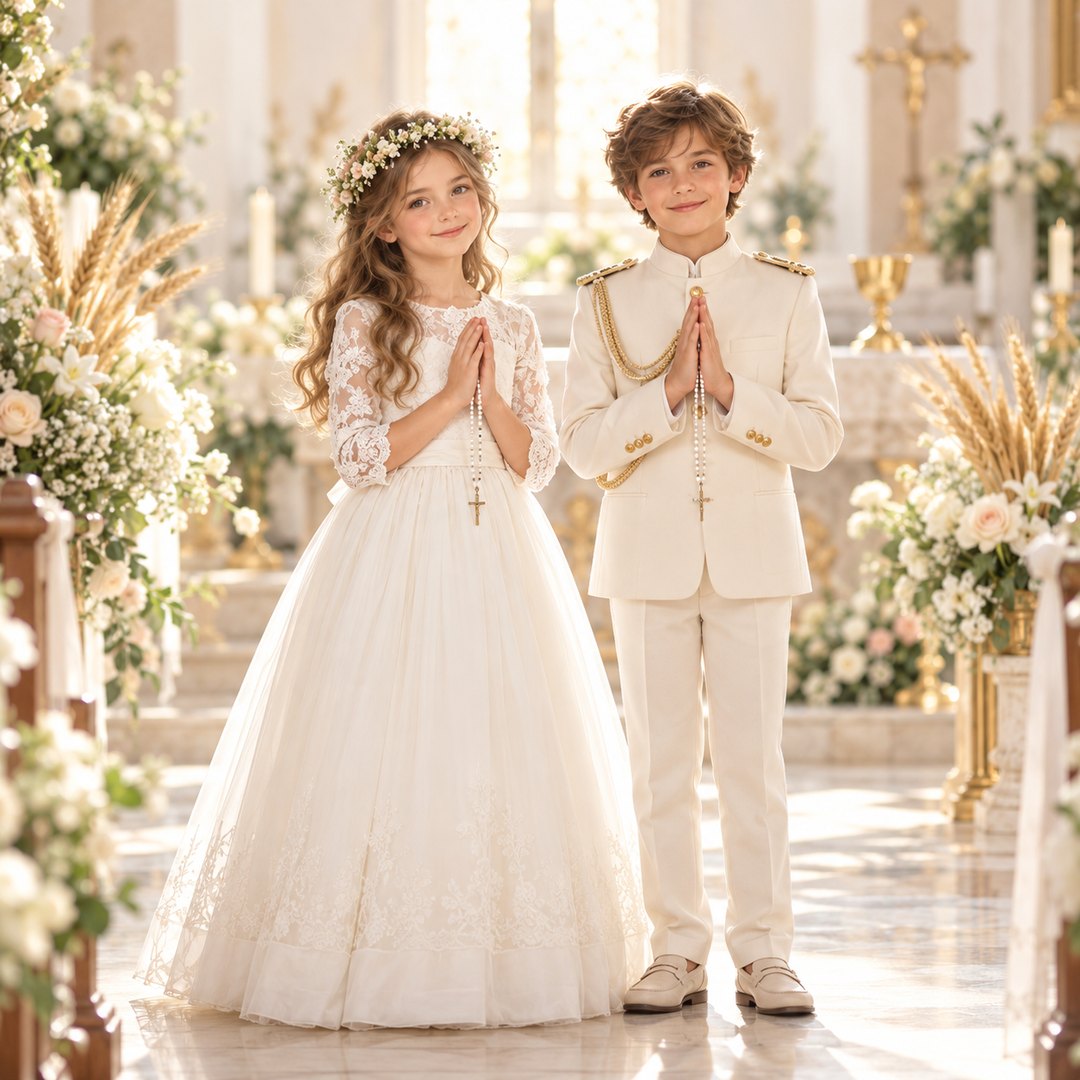 Niña y niño en su Primera Comunión, invitación creada con CelebraIA